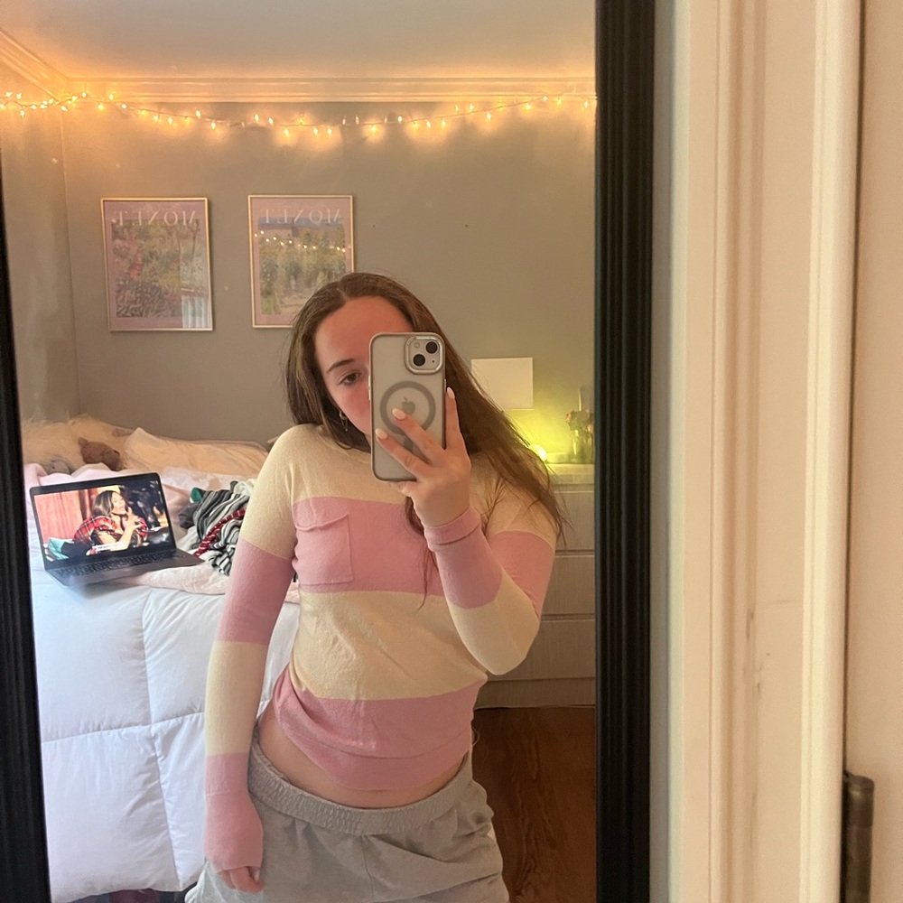 Theory Cream and Pink Striped Top